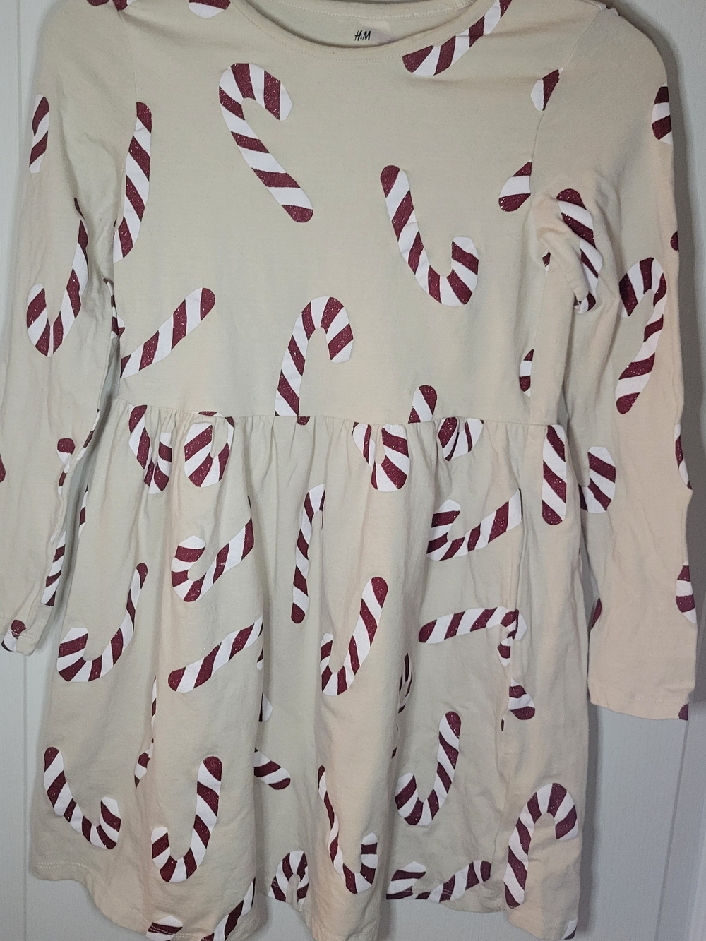 H&M Cream Dress with Red Candy Cane Print - Long Sleeve 6x/7